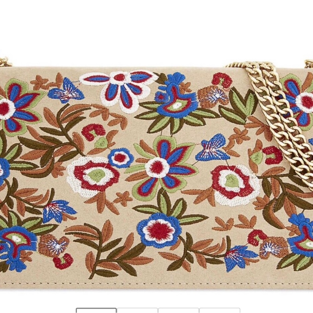 Aldo AFERIDIA Beige Suede Floral Embroidered Gold Chein Crossbody Purse NWOT